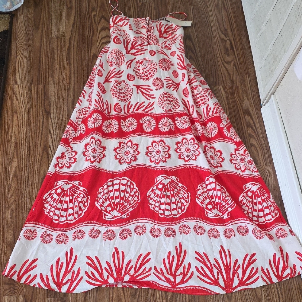 Girls Red and White Shell-Print Sundress